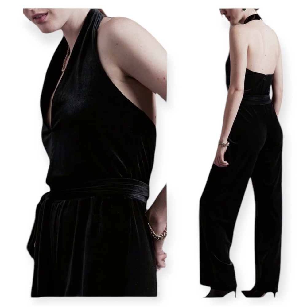Banana Republic Black Velvet Halter Jumpsuit Holiday Backless Size 0